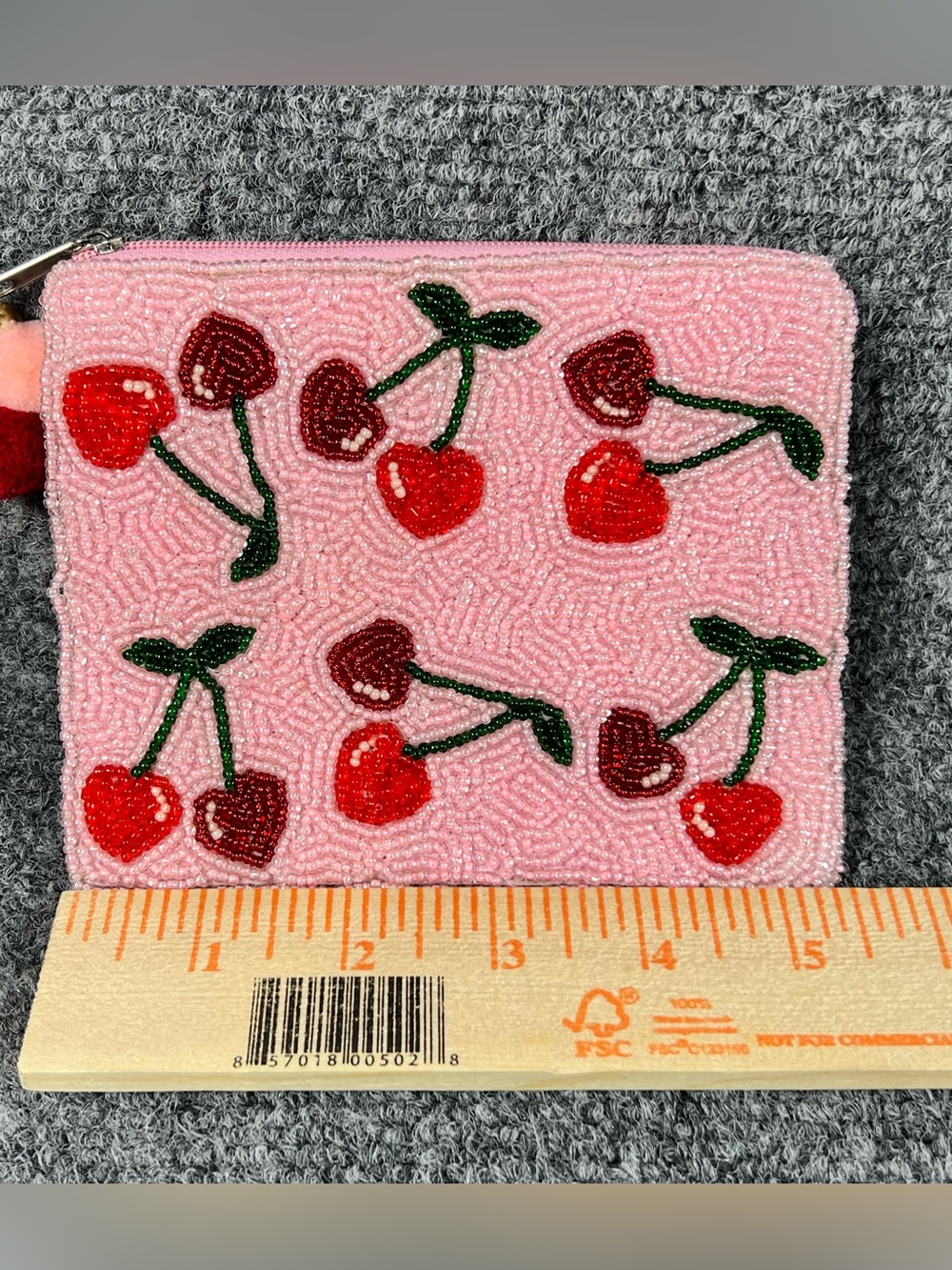 Seed Beaded Coin Purse Pink With Red‎ Cherries - Picture 7 of 7